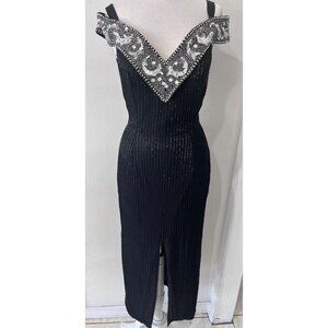 Vintage Baluchi size 12 Formal hand beaded silk long dress front slit soft cups